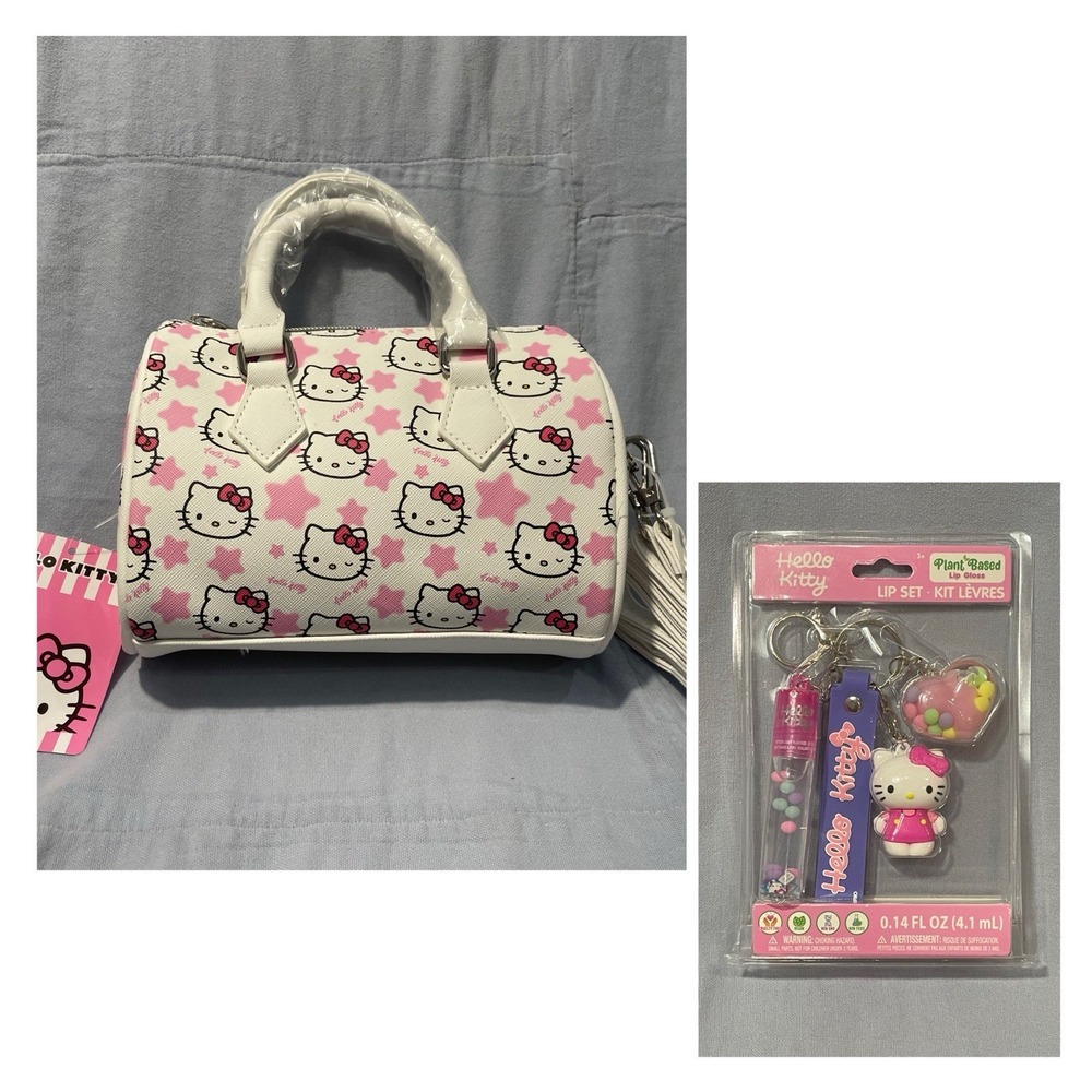 NEW Cute Sanrio Hello Kitty White & Pink Mini Purse Cross Body w Stars & Lip Kit